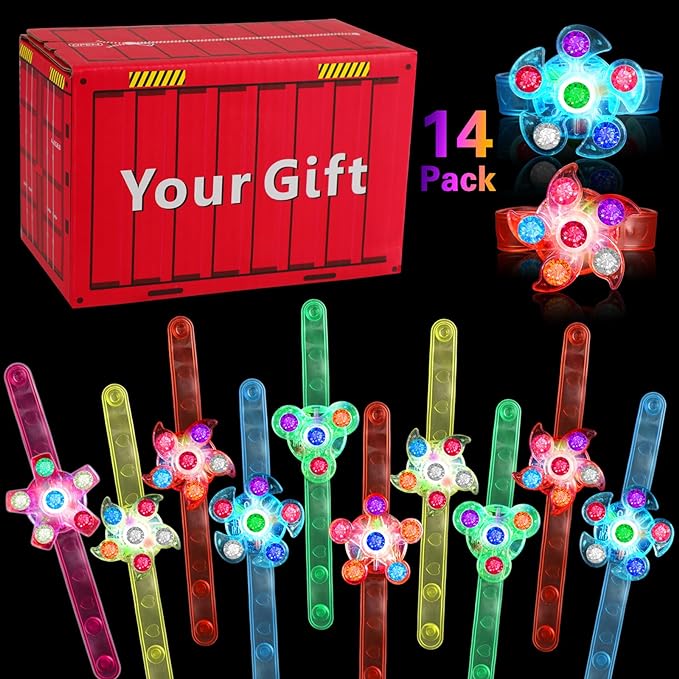 BSTDECOR 14 Pack LED Light Up Fidget Spinner Bracelets, Party Favors for Kids 4-8 8-12 Christmas Stocking Stuffers Glow in The Dark Party Supplies Birthday Xmas Gifts Goodie Bag Classroom Prizes