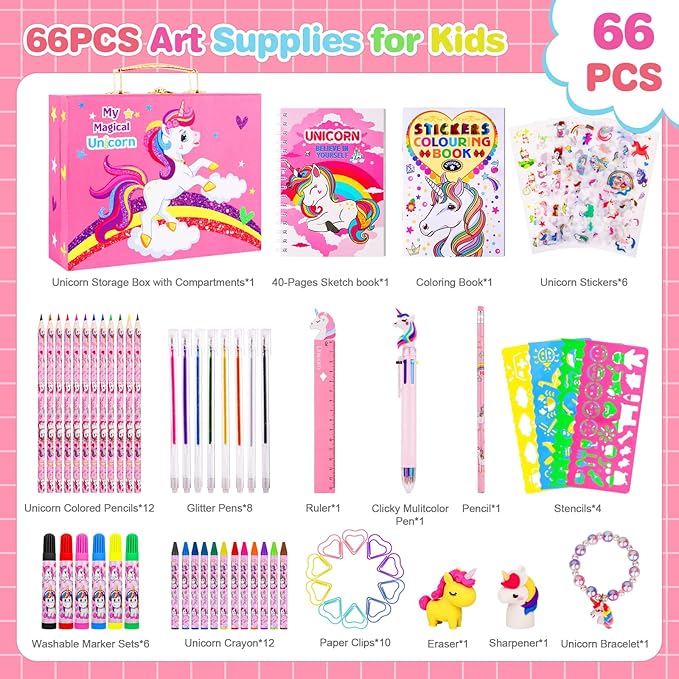 Art Supplies for Kids,66PCS Drawing Kits with Unicorn Storage Case for Girls Age 4-12,Art Case Coloring Sets,Crayon,Colored Pencils,Coloring Book Sketch Book Drawing Stuff,Gift Toys for Girls Age 5-10