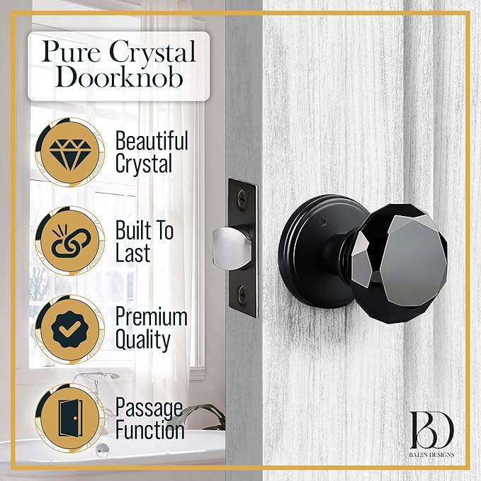 Black Crystal Door Knob, Glass Door Knobs Interior Non-Locking Set, Antique Decorative Vintage Style for Hallway, Closet, Passage Doors, 1 Pack