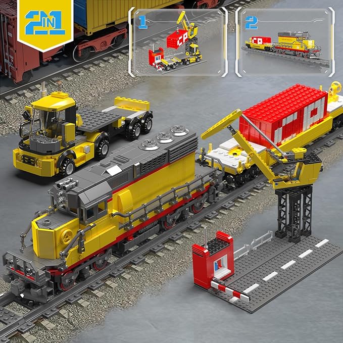 Mould King 12027 Diesel Locomotive Train Building Sets with a Semi-Trailers, Cranes, Remote/App Control Engineering Toy Kit, SD40-2 Scale Model with Tracks for Adults Kids (1170 Pieces)