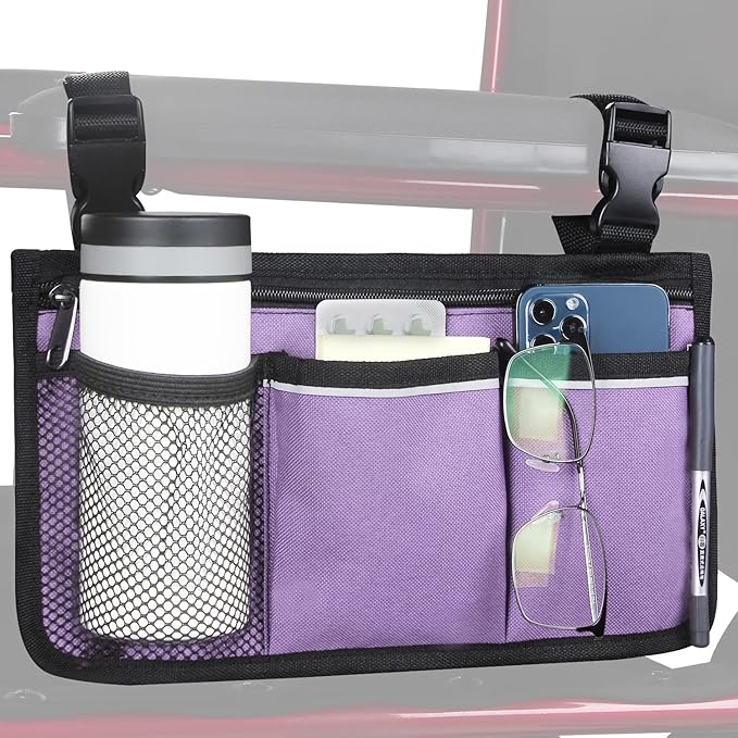 Wheelchair Side Bag, Armrest Storage Pouch with Cup Holder and Reflective Strip Use of Waterproof Fabric, for Most Wheelchairs, Walkers or Rollators (Purple)