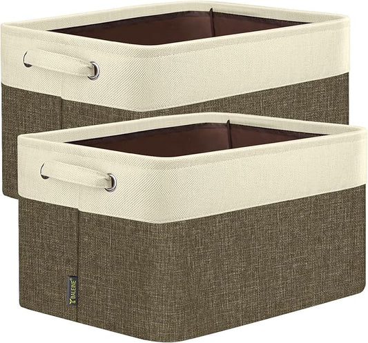 BALEINE 2 Pack Fabric Storage Bins for Shelves, Linen Storage Baskets for Organizing, Decorative Closet Bins for Clothes, Home (Brown, 17''x13''x10.5'')
