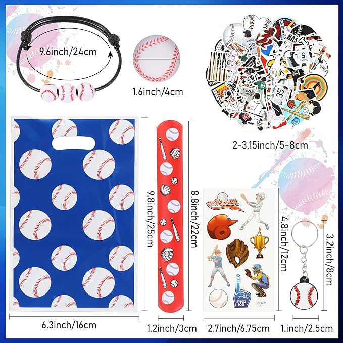295 Pieces Baseball Party Favors Supplies Set Bulk Mini Baseballs Slap Bracelet Tattoo Sticker Keychain Adjustable Bracelet Goodie Bag Fillers for Sports Baseball Party Gifts Bags (Baseball)