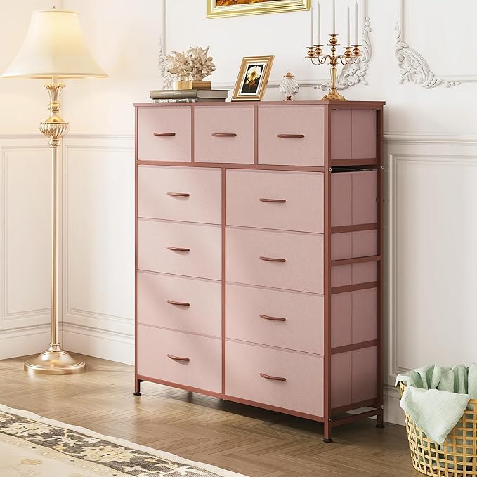WLIVE Storage Organizer Unit with 11 Fabric Bins, Storage Drawers Organizer with Steel Frame, Tall Storage Tower Organizaton for Living Room, Hallway, Office, Office, Pink