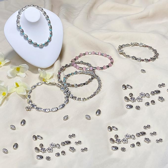 Flat Beads for Jewelry Making Supplies for Adults Small Seed Beads for Necklace Earring Bead Bracelet Making Kit Beads Bulk Tibetan Silver Spacer Beads for Jewelry Making 240pcs Silver Jewelry Set