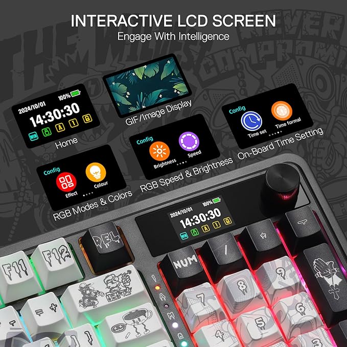 Redragon K719 PRO Wireless Gasket Gaming Keyboard w/Hype Screen & Knob, 95 Keys Mechanical Keyboard, Easy-Control 1.14’’ TFT Info Display, 5-Layer Noise Dampening, Street Graffiti Dye-Sub PBT Keycaps