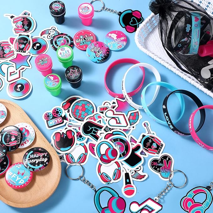 Capoda 110 Pcs Music Party Favor Supplies Kit Media Theme Gift Bag Filler Silicone Bracelets Button Pins Music Keychains Stampers Stickers for Boys Girls Music Birthday Party Decorations Supplies