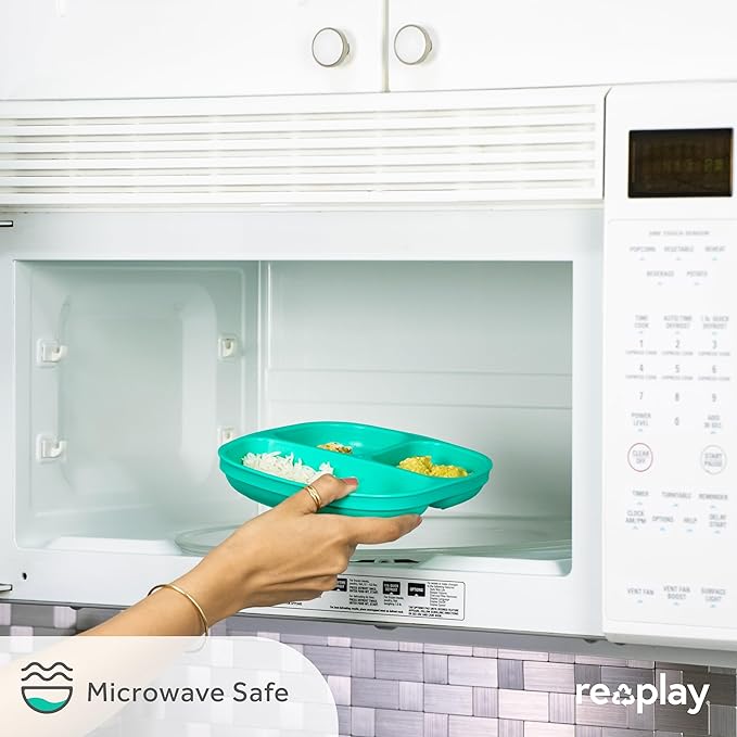 Re-Play Made in USA 7" Deep Walled Divided Plates for Kids, Set of 3 - Reusable 3 Compartment Plates, Dishwasher and Microwave Safe - 7.37" x 7.37" x 1.25", Desert Sands