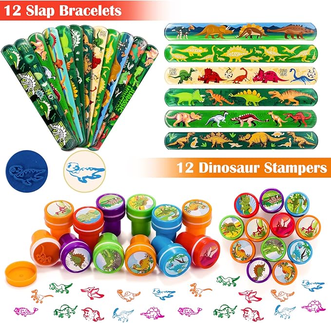 Golray Dinosaur Party Favors Birthday Supplies Gift Box Dino Egg Model Puzzle Mask Stamper Slap Bracelet Keychain Tattoo Sticker Goody Bag Stuffer Pinata Filler 102Pcs Boy Kids Dinosaur Party Supplies