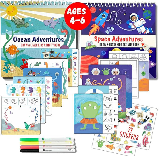 Kids Small Size Travel Educational Activity Books with Washable Markers (7"x7") - Car and Airplane Activities - Search and Find, Reusable Stickers for Ages 4, 5, 6 (Ocean & Space)