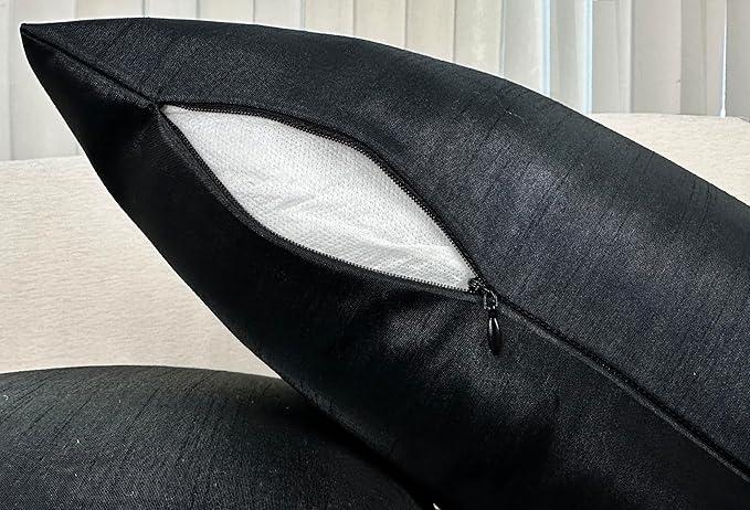 Aiking Home 20x20 Inches Faux Silk Square Throw Pillow Cover, Zipper Closure, Black (Set of 2)