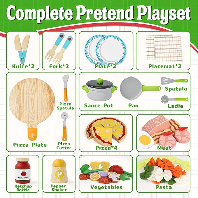 Lehoo Castle Play Food Sets for Kids Kitchen, Wooden Toys Play Kitchen Accessories with Pot and Pan, Pizza Toy Pretend Play for Toddlers 3-5, Realistic Pasta Felt Play Food Set, 3 Year Old Girl Gift