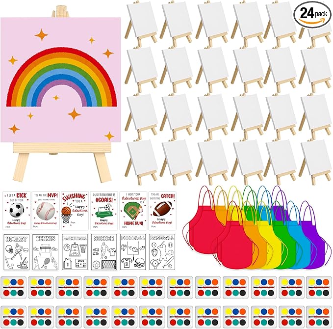 Gosodeny 24 Sets Valentines Watercolor Paint Set Painting Cards Painting Canvas Panel with Wooden Easel Watercolor Paint Painting Brush Kit Valentines Day Cards Packaging Bag Set Gifts