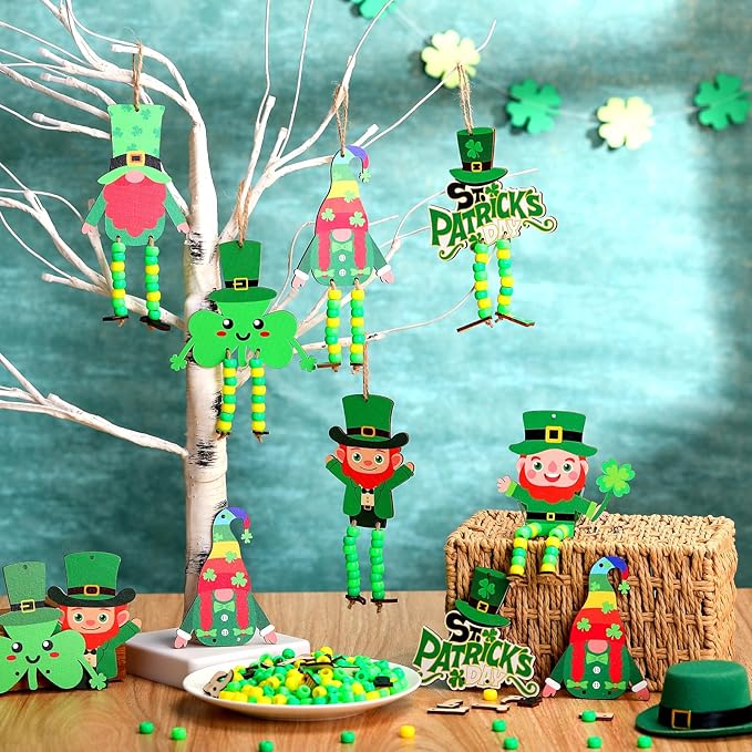 24 Sets Easter Sign Craft Kits Easter Day Crafts with Beads Bunny Egg Chicks Easter Baskets Wood Ornament Easter DIY Craft Art Kit for Holiday Party Favors Activities Decor