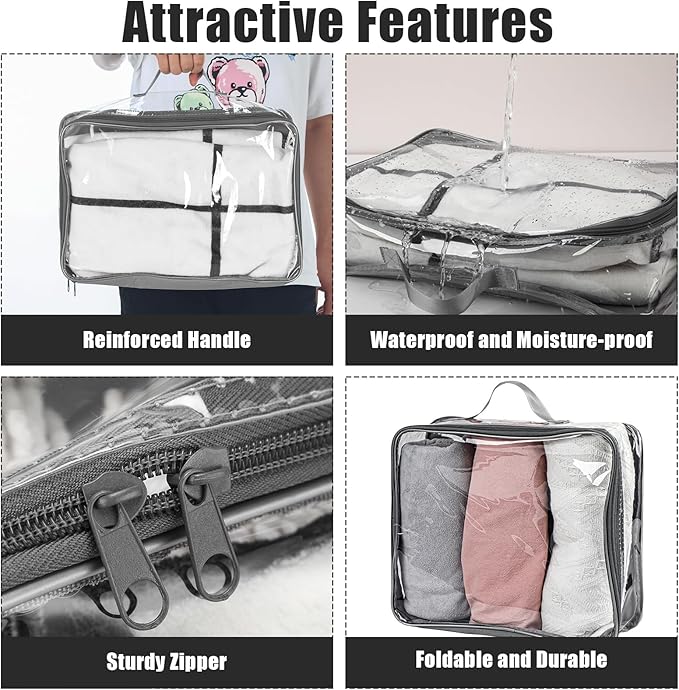6 Pieces Large Clear Travel Packing Cube Clear Vinyl Zippered Storage Bags See Through Moving Bag PVC Multipurpose Pouch with Handle for Suitcase Shirts Dress Storage (Gray, 11.8 x 10.2 x 3.9 Inch)