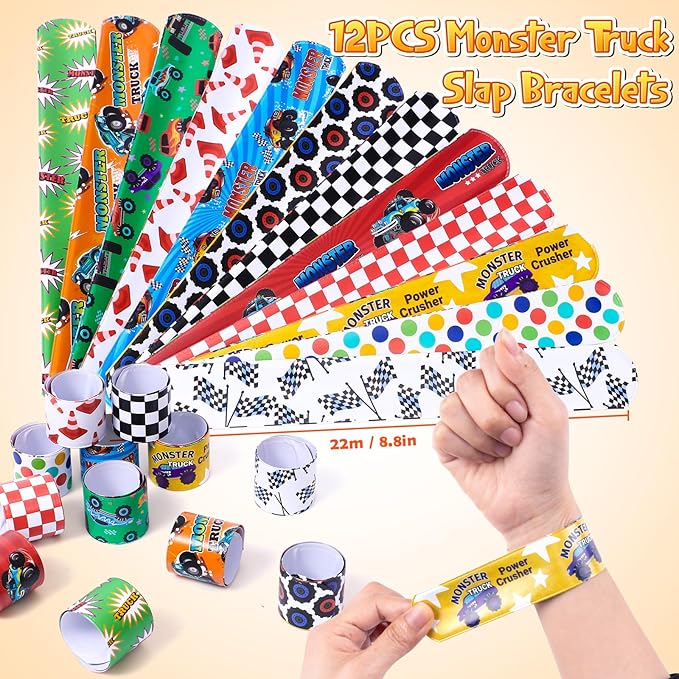 98Pcs Monster Truck Party Favors Birthday Supplies for Boys Kids, Bubble Wands Drinking Straws Slap Bracelets Keychains Stickers Goodie Bag Stuffer Monster Truck Themed Birthday Party Supplies