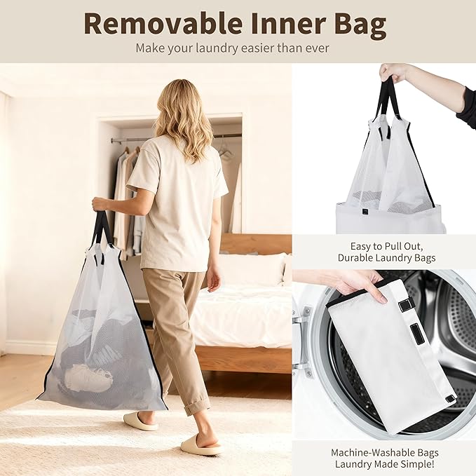 80L Large Laundry Hamper with Lid, Foldable Laundry Bag for Washing Machine with Removable Inner Bag, Dirty Hampers for Bedroom, Bathroom,Laundry Room, College (White)