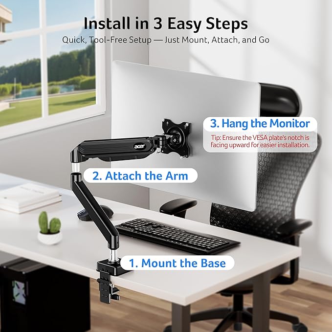 Acer Single Monitor Mount, Fully Adjustable Monitor Arm Fits 17 to 34 Inch Screens, Gas Spring VESA Mount with C-Clamp & Grommet Base, Computer Desk Arm with Tilt Swivel Rotate Supports 4.4-19.8 lbs