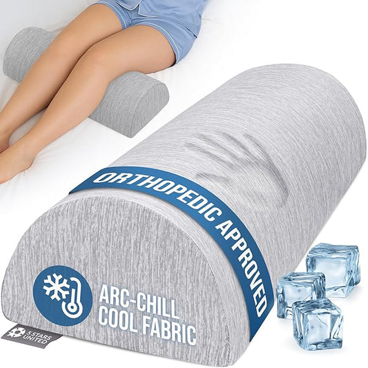 5 STARS UNITED Knee Pillow for Back Sleeping – Cooling Cover - Memory Foam Cushion for Sciatica Pain Relief – Under Leg Support for Sleeping on Back – Large Half Moon Bolster for Bed, Arctic Gray