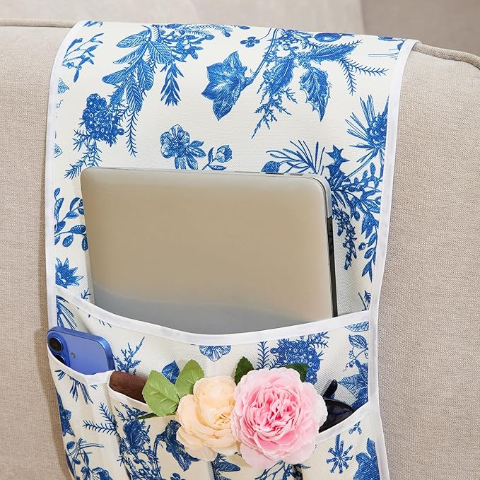 FLYILY Sofa Armrest Organizer Non-Slip Arm Chair Hanging Caddy Remote Control Holder for Magazine,Tablet, Phone, Books, Glasses(BlueFloral,13in)
