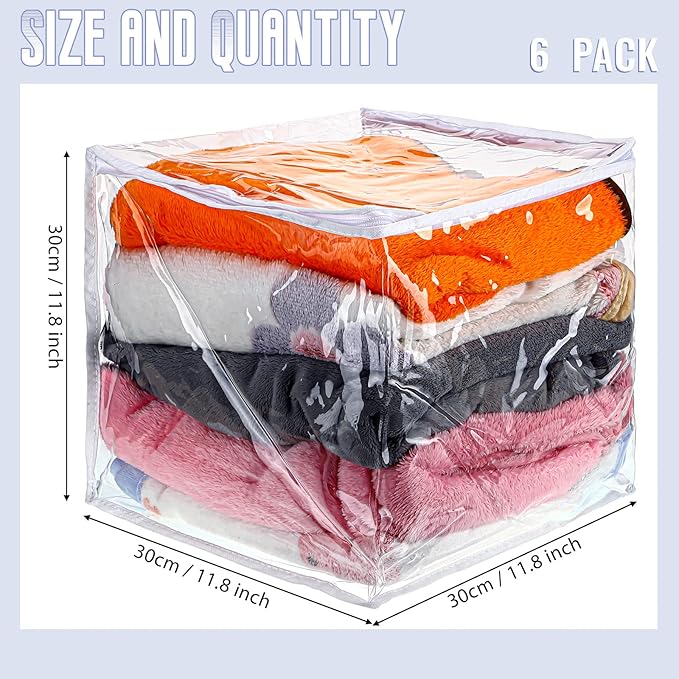 6 Packs Clear Zippered Storage Bags Sweater Moth Bags Plastic Storage for Blankets Clothes Bed Sheet Organizer with Zipper for Closet Linen Sweater Bed Sheet Clothes Pillow(12 x 12 x 12 Inch)