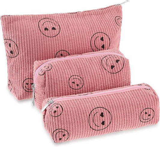 Huhumy 3 Pcs Makeup Bag Set for Women Corduroy Cosmetic Pouch Aesthetic Smile Travel Toiletry Bag Cute Purse Pouch Pencil Case Makeup Brushes Storage Organizer for Valentine(Pink,Smile Face)