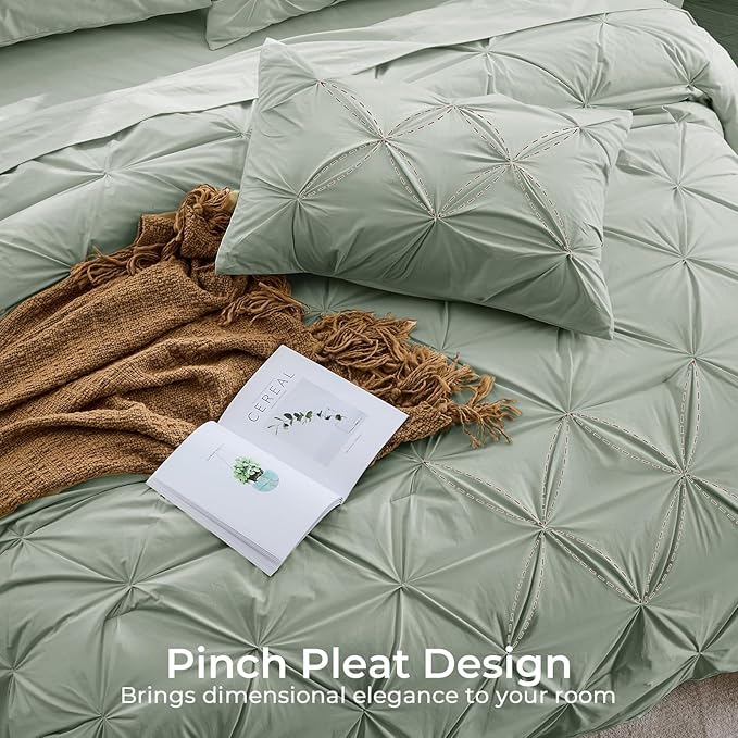 Sasttie California King Comforter Set, 7-Piece Bed in a Bag Cal King, Pintuck Bedding Set for All Season, Includes Comforter, Flat Sheet, Fitted Sheet, Pillowcases and Pillowshams, Sage Grey