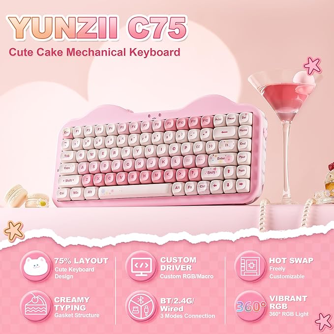 YUNZII C75 Wireless Mechanical Keyboard,75% Layout, Hot-Swappable NKRO,BT5.0/2.4G/USB-C Mode,Dye-Sub PBT MOA Keycaps,RGB Gasket Mount,Cute Cake Design for Mac/Win/Gaming (Pink, Candy Switch)