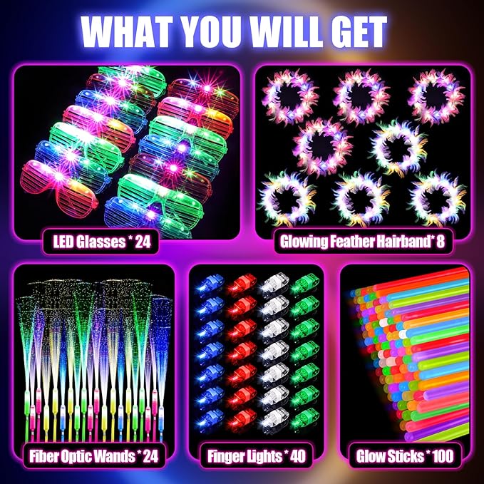 196PCS Glow in the Dark Party Supplies, Light Up Party Favors with 24 LED Glasses, 24 Fiber Optic Wands, 8 Hairbands, 40 Finger Lights,100 Glow Sticks for Kids Adults Neon Party Decorations