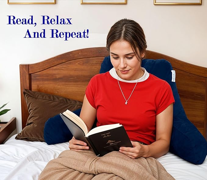 ComfortSpa Reading Pillow for Kids Teens Adult, Back Rest Pillow with Arms, Pockets, Washable Cover; Use as Back Pillow for Bed Sitting Up for Bedrest, Relief from GERD Heartburn (Standard Blue)