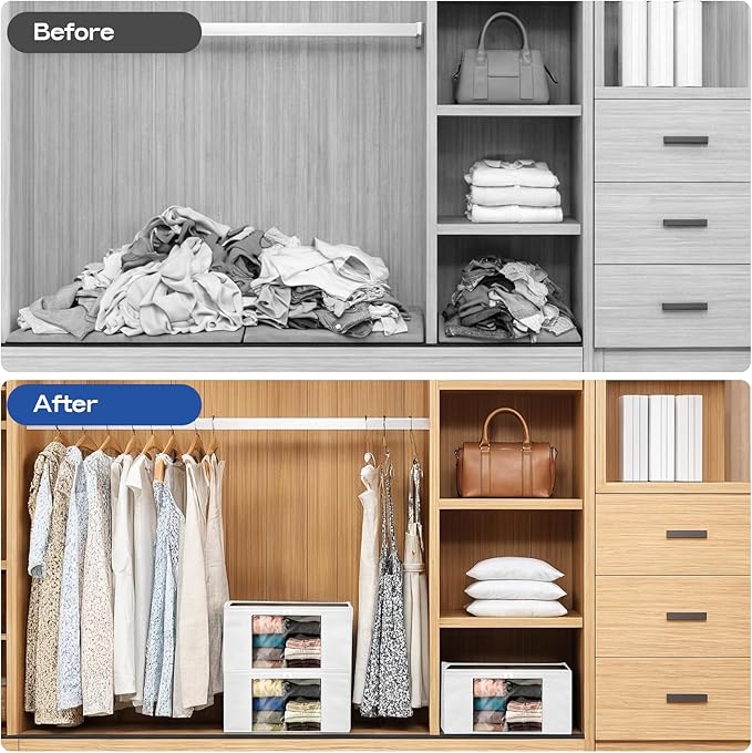 Clothes Storage Bags, Foldable Thick Fabric Blanket Storage Bags, Large Clear Window & Carry Handles, Great for Clothes, Blankets, Closets, Pillows, Toys (White, 6PACK)