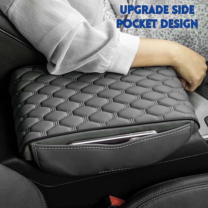 Car Armrest Cushion Pad Auto Center Console Cover with Storage Bag Memory Foam Arm Rest Console Pad Leather Universal Fit for Most Vehicles (Thick Pad, Grey)
