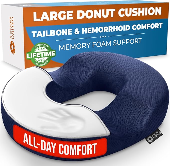 5 STARS UNITED Donut Pillow Hemorrhoid Tailbone Cushion – Large Cushion for Pain Relief – Coccyx, Prostate, Sciatica, Pelvic Floor, Pressure Sores, Pregnancy, Postpartum Recovery, Blue