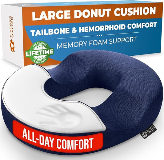 5 STARS UNITED Donut Pillow Hemorrhoid Tailbone Cushion – Large Cushion for Pain Relief – Coccyx, Prostate, Sciatica, Pelvic Floor, Pressure Sores, Pregnancy, Postpartum Recovery, Blue