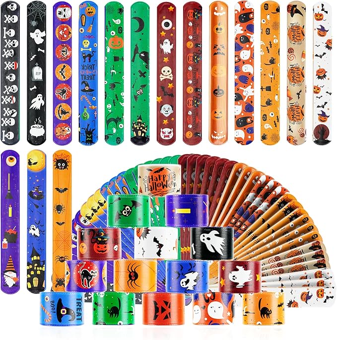 48Pcs Halloween Party Favors Slap Bracelets Trick or Treat Favors for Kids and Classes Treats for Children Halloween Bracelets Halloween Goodie Bag Fillers Halloween Toys for Kids