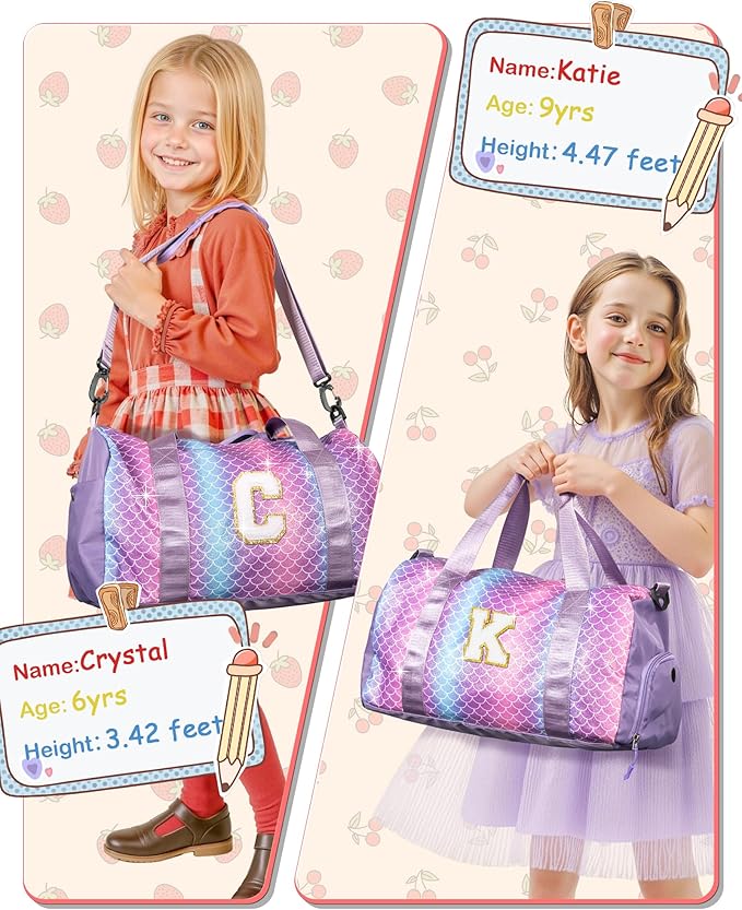 Girls Birthday Gifts Age 8-10-Girl Gym Bag with Shoe Compartment, Kid Personalized Weekender Overnight Bags, Initial Travel Tote with Makeup Pouch, Gift Ideas for Niece Sister (Letter W)