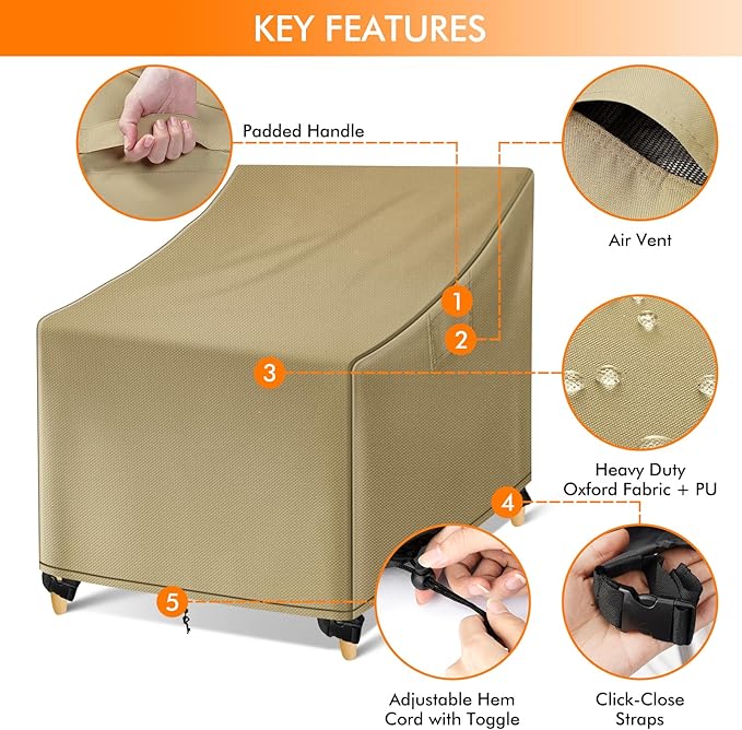 WLEAFJ Outdoor Chair Covers Waterproof, Khaki Lawn Patio Furniture Covers, Heavy Duty Wicker Garden Sofa Chair Cover, 2 Pack - 29" W x 30" D x 36" H