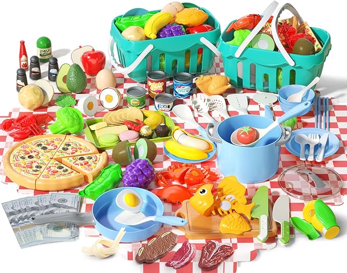 150Pcs Kitchen Playset, Toddlers Pretend Cooking Cookware Accessories, Food, Picnic Blanket, Fruits, Veges, 2Pack Shopping Storage Basket, Dessert and Prop Money, Gift for Kids (Blue)