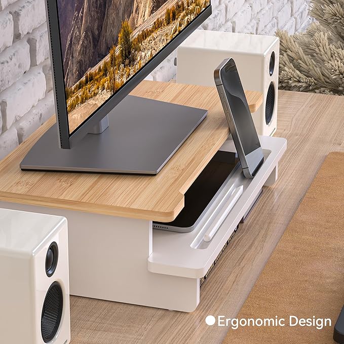 WELL WENG Monitor Stand Monitor Stand Riser for Desk,Wood Desk Shelf Storage Organizer with Phone Tablet Holder (16.5 Inch, White & Natural Bamboo)