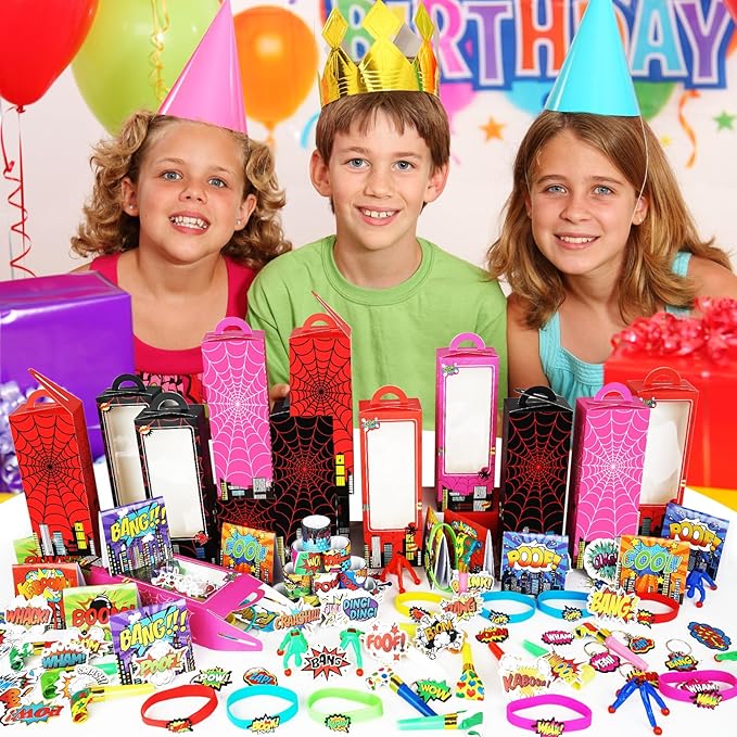 146Pcs Hero Party Favors for Kids, Goodie Box Stuffers Include Mini Notebooks Slap Bracelets Keychain Blowing Dragon Stickers Sticky hands Toy, for Carnival Classroom Prizes Birthday Party Gifts