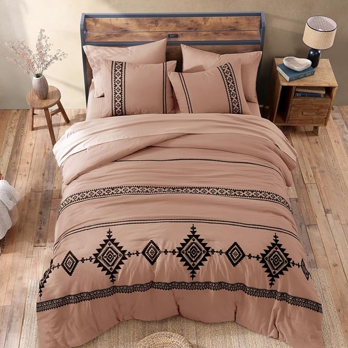 MaiRêve Embroidery Comforter Set, Boho Farmhouse Western Bedding Set, All Season Bed in A Bag Comforter Set with Sheets, Pillowcases & Shams, Dusty Pink Full 7 Pieces