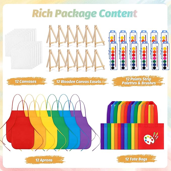 Aodaer 48 Pieces Valentine's Day Gift Mini Watercolor Paint Set Include 12 Set Colors Watercolor Paints Strip Palette Wooden Canvas Easels Canvas Tote Bags Aprons for Art Beginner Painting Supplies