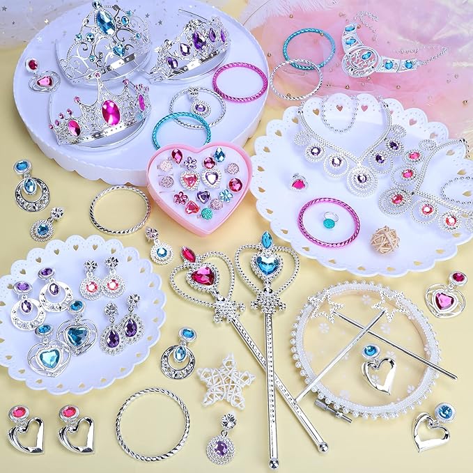 56 Pack Princess Jewelry for Girls Princess Dress Up Accessories Kids Play Jewelry for Girls Included Crown Wand Necklace Bracelet Rings Earrings Great as Princess Party Decoration