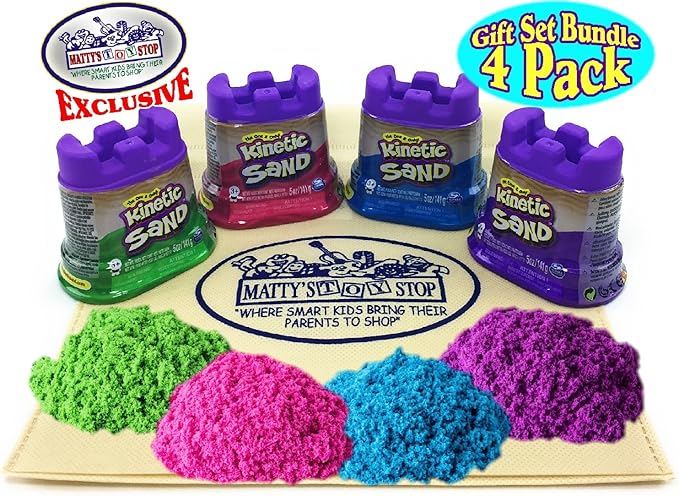 Kinetic Sand Modeling Sand 4.5oz. Containers Pink, Green, Purple & Blue Gift Set Bundle with Bonus Matty's Toy Stop Storage Bag - 4 Pack
