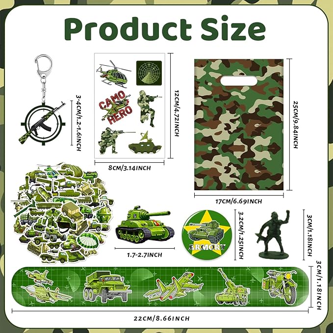 122 PCS Army Party Favors, Military Camo Temporary Tattoos Slap Bracelets Keychains Stickers Badges Goodie Bags Soldiers Figures for Army Birthday Party Decorations Gifts for Kids Classroom Rewards