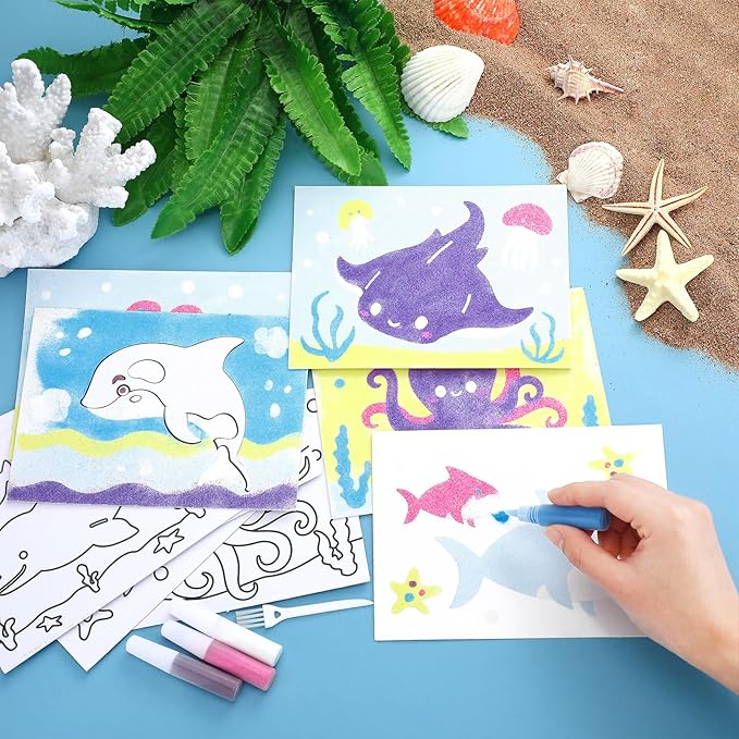 30 Sets Ocean Animal Sand Art Kits for Kids DIY Ocean Craft Sand Painting Colored Sand Art Painting Cards Set for Children DIY Arts Ocean Theme Educational and Learning Activities