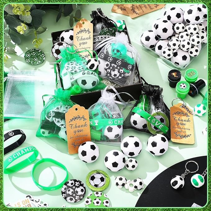 Aoriher 266 Pcs Soccer Party Favors Sports Party Supplies Gifts Set Stress Ball Stickers Whistle Keychain Bracelet Erasers Badges Organza Bags Thank You Tags