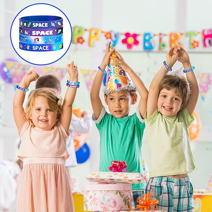 Lesnala 48PCS Outer Space Party Silicone Bracelets Astronaut Rubber Wristband Bulk Galaxy Stars Themed Party Favors for Planet Universe Birthday Decorations Supplies 4 Styles