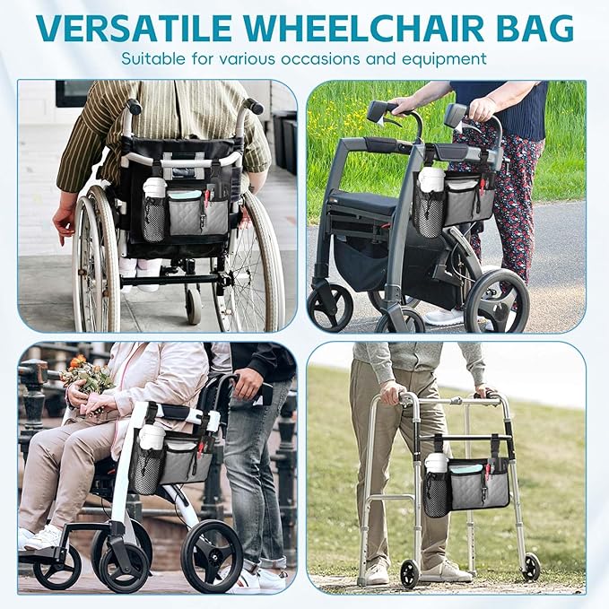 Wheelchair Bag with Cup Holder, Wheelchair Accessories Armrest Side Bag Multi Pockets Pouch for Electric Wheelchairs, Walker, Rollators & Mobility Scooters, Adults, Seniors, Grey