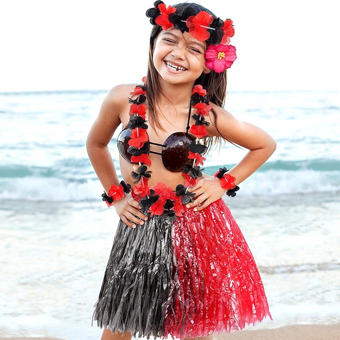 Fortuning's JDS Hawaiian Hula Grass Skirt for Girls Elastic Flower Costume Kids Outfits for Luau Tropical Beach Party Decor